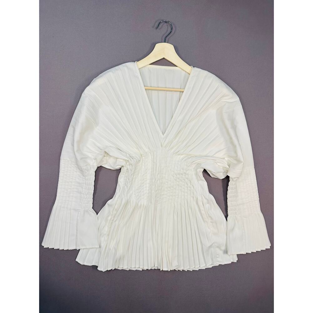 Dream Architect Satin Pleated V Neck Blouse Top with Bell Sleeves Size Small